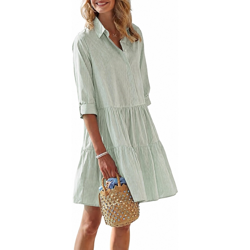 Chouyatou Shirt Dress Womens Large Green Striped Tiered Babydoll 3/4 Sleeve NWT